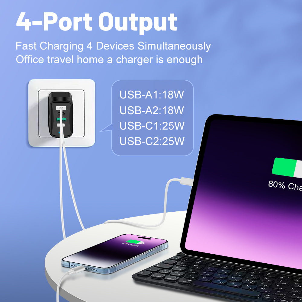 Marveloustoree 4-in-1 2USB+2PD mobile charger, tablet plug, super fast charging multi port plug