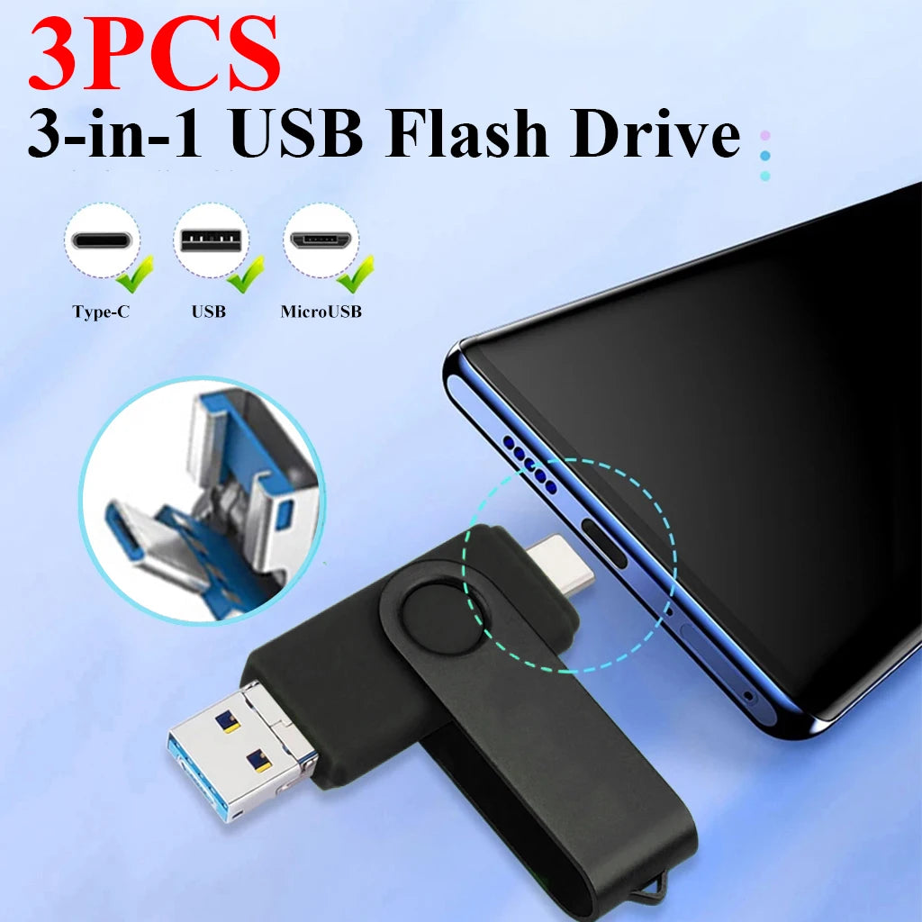 3PCS 3-in-1 USB Flash Drive 128GB 64GB 32GB 16GB 8GB, USB 2.0 High Speed U Disk, Type-C Metal Pen Drive For PC Laptops Tablets