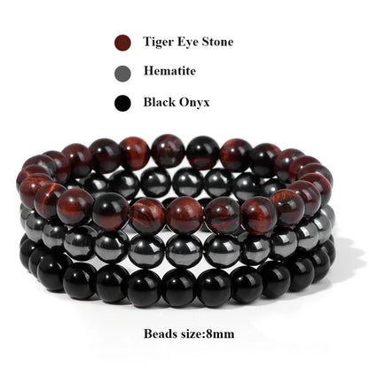 3Pcs/Set Natural Stone Bracelet Rose Quartzs Obsidian Amethysts Tiger Eye Beads Elastic Bracelet For Women Men Health Protection