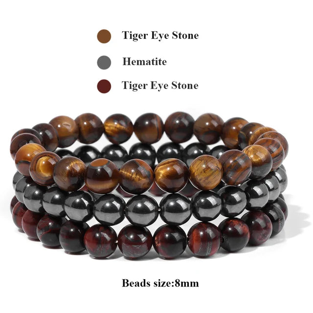 3Pcs/Set Natural Stone Bracelet Rose Quartzs Obsidian Amethysts Tiger Eye Beads Elastic Bracelet For Women Men Health Protection