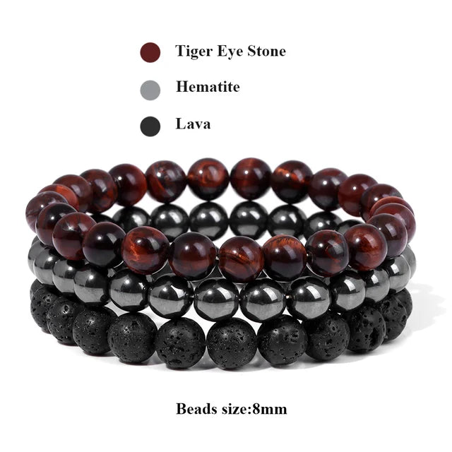 3Pcs/Set Natural Stone Bracelet Rose Quartzs Obsidian Amethysts Tiger Eye Beads Elastic Bracelet For Women Men Health Protection