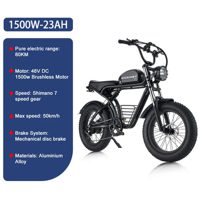 4.0Fat Electric Bike for Adults, 1500W 40MPH,48V 20/23AH,Max 75Miles Electric Motorcycle 20" Fat Tire Dirt Bike,  7-Speed E-Bike