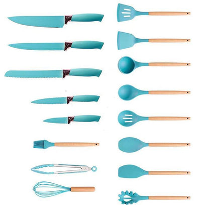 Silicone Cookware Set 19-Piece Cooking Spatula Spoon Wooden Handle Cookware Non-Stick Storage Bucket Cookware - MarvelouStoree