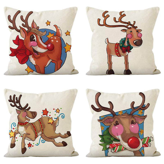 Christmas reindeer print pillow cover linen pillowcase home holiday sofa decoration - MarvelouStoree