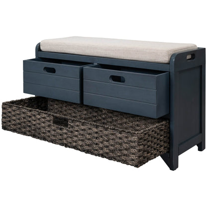 TREXM Storage Bench with Removable Basket and 2 Drawers, Fully Assembled Shoe Bench with Removable Cushion (Navy) - MarvelouStoree