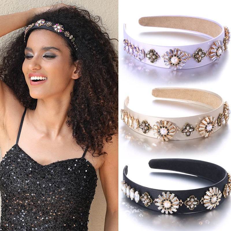 Fashionable Baroque Retro Set Water Diamond Flower Wide Edge Pearl Hair Hoop - MarvelouStoree