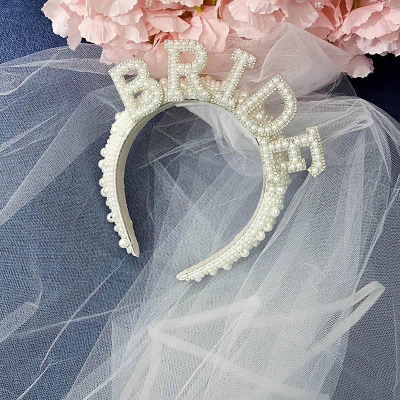 Bride to be Pearl crown tiara veil Bach Bachelorette hen Party Bridal Shower wedding engagement rehearsal dinner Decoration Gift - MarvelouStoree