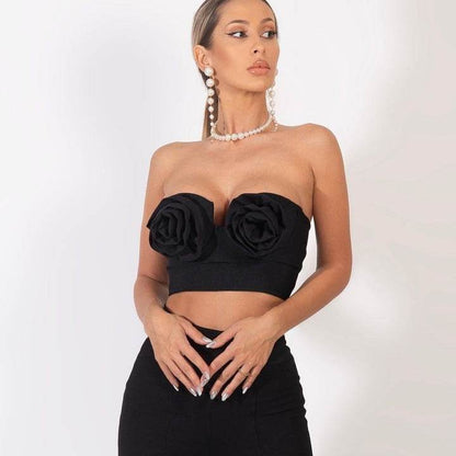 Hot black three-dimensional chest flower exposed navel strapless fashion hot and spicy vacation party outfit - MarvelouStoree