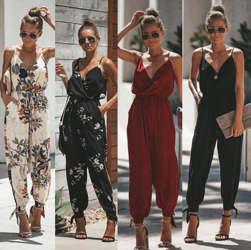 V Neck Sexy Bodysuits Women With Belt Body Femme Feminino Floral Playsuit Overalls Print Spring Summer Jumpsuit - MarvelouStoree