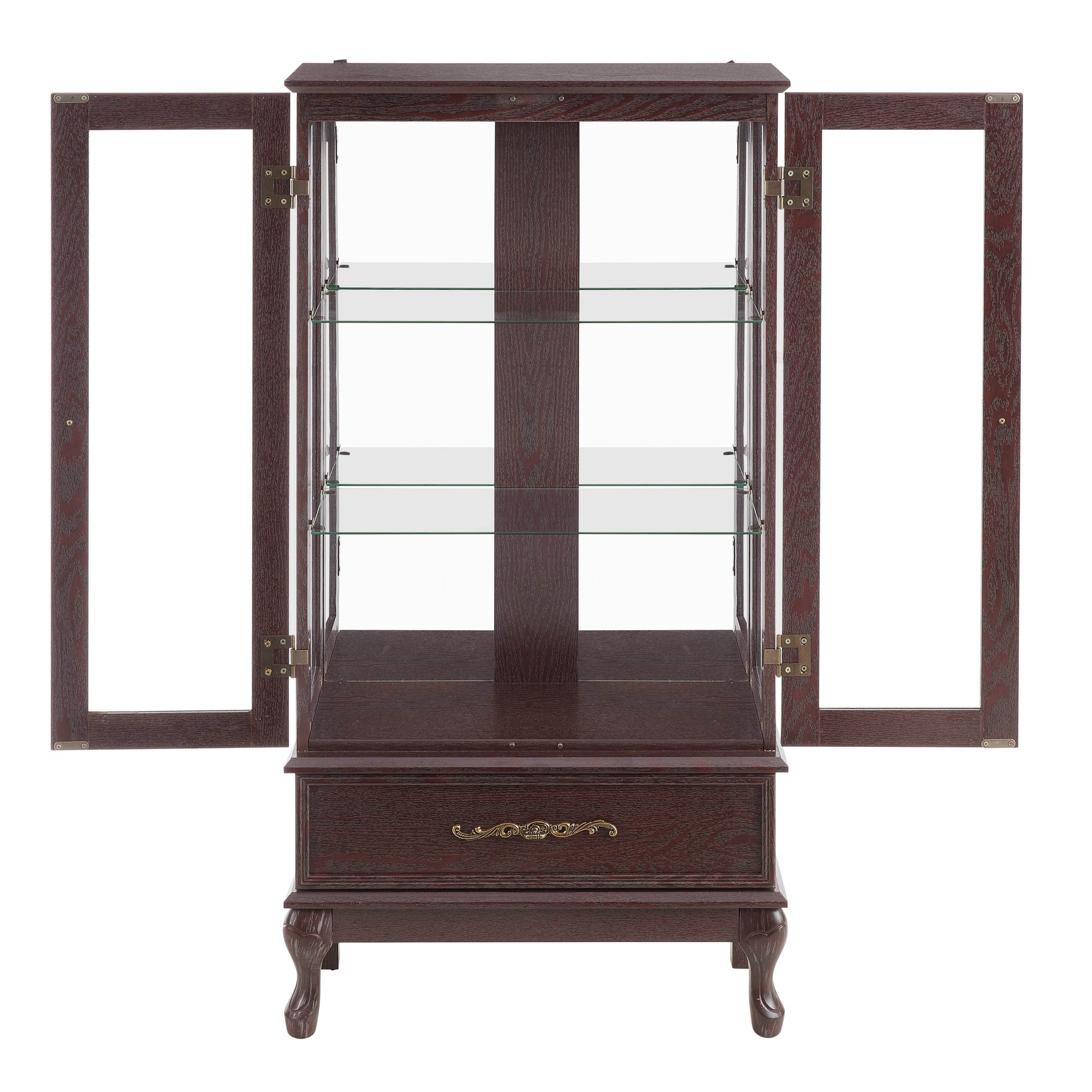 Curio cabinet lighting glass cabinet with adjustable glass frame, 2 doors and 1 drawer with light bulb, dark cherry color - MarvelouStoree