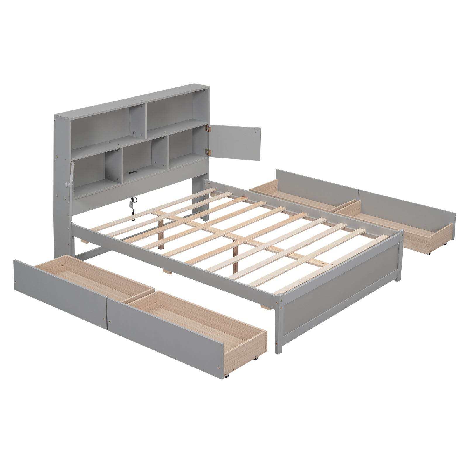 Full Size Platform Bed with Storage Headboard, Charging Station and 4 Drawers, Gray - MarvelouStoree