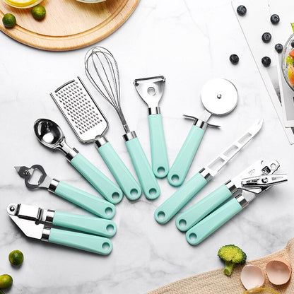 9 Pcs Stainless Steel Kitchen Utensil Set Cooking Tools Gadget with Can Opener Garlic Cheese Grater Knife Pizza Cutter Whisk