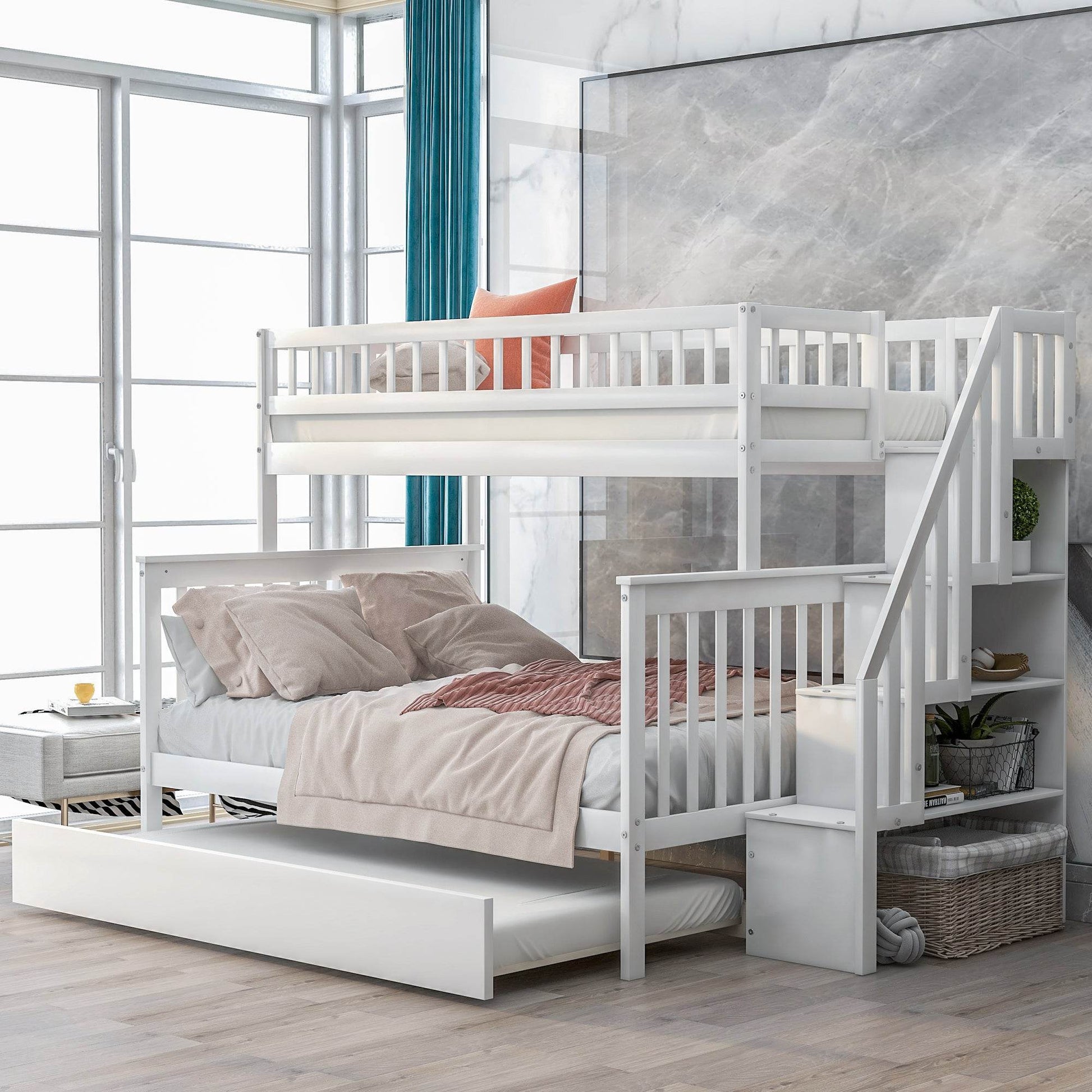 Twin over Full Bunk Bed with Trundle and Staircase White - MarvelouStoree