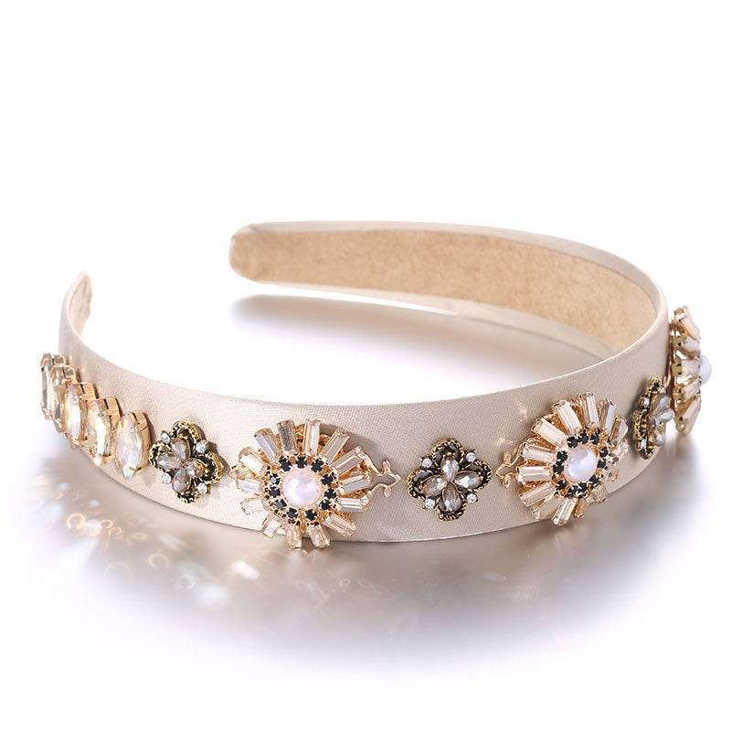 Fashionable Baroque Retro Set Water Diamond Flower Wide Edge Pearl Hair Hoop - MarvelouStoree