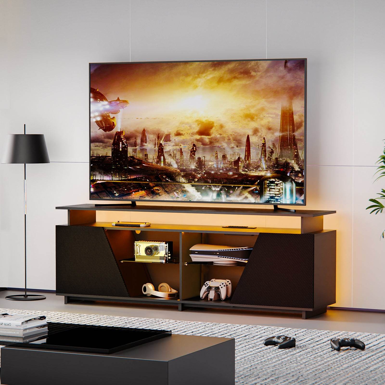 Gaming TV Stand for PS5 with Power Outlet,for TVs 75 inch and Below,LED Entertainment Center,Suitable for Living Room,Bedroom - MarvelouStoree