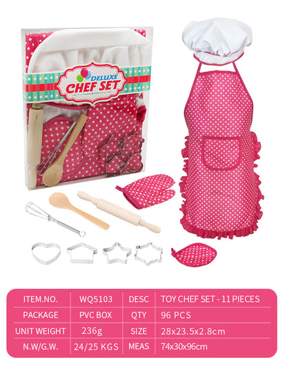 Children's Play House Kitchen Set Girls Cooking Baking Tools Cookware Pink Apron 11-Piece Toy Set