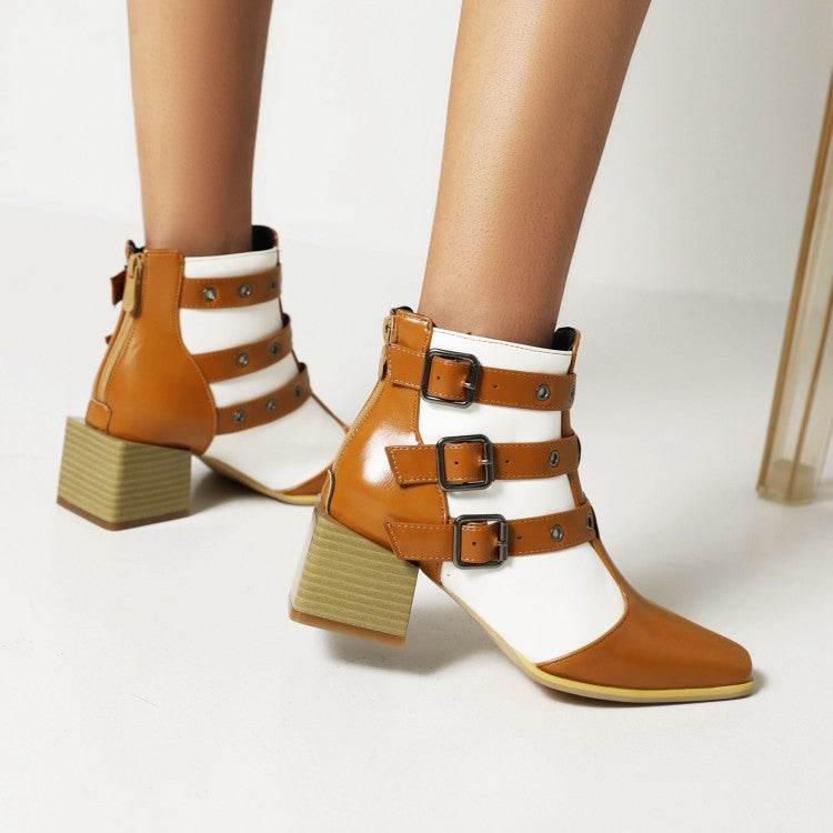 40-48 Ladies Chunky Heel Booties Colorblock Belt Buckle Back Zip Mid Heel Biker Boots - MarvelouStoree