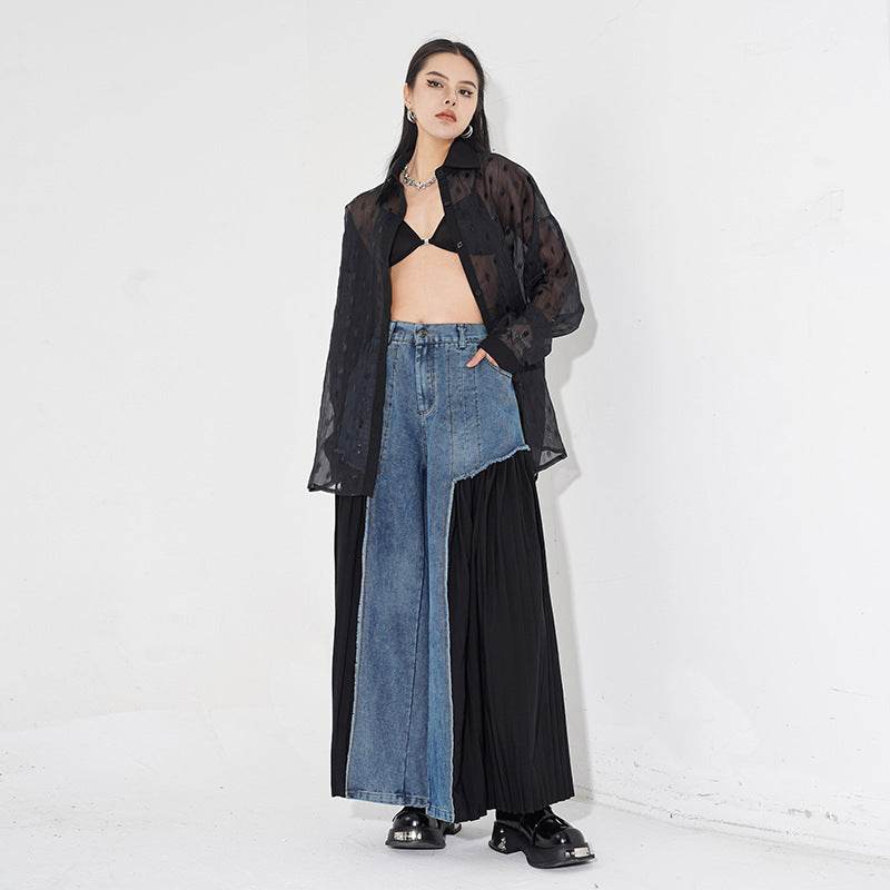 Retro pleated niche design spliced washed denim casual pants new loose slimming cropped pants - MarvelouStoree