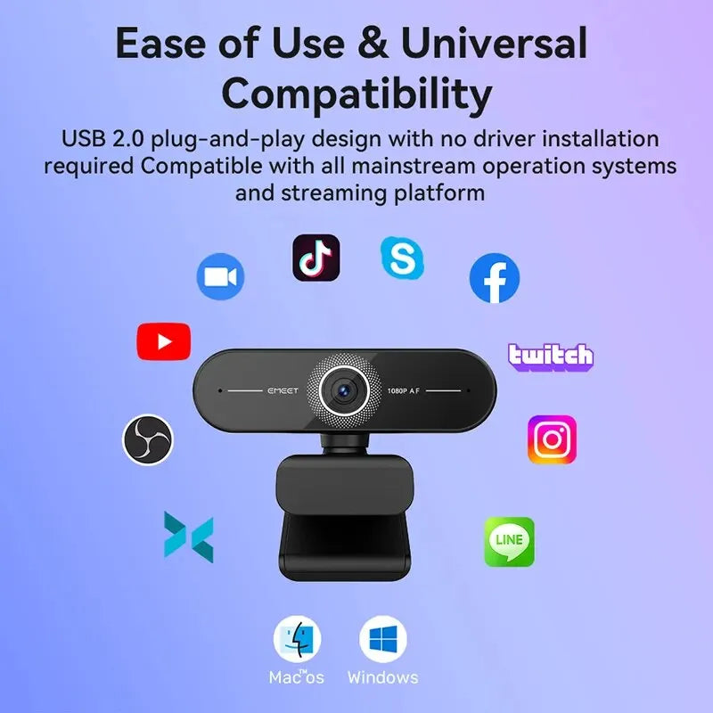 Marveloustoree EMEET 4K Webcam 1440P 2K Web Camera 1080P EMEET C60E Autofocus USB Computer Camera for Living/ Video Call/ Conference