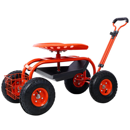 Garden cart rolling scooter, adjustable height with 4 wheels and extendable handle with 360 degree seat and tool tray (red)