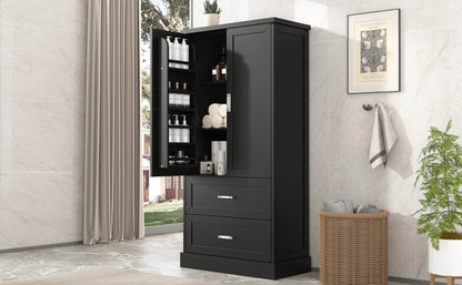 Tall Bathroom Storage Cabinet, Cabinet with Two Doors and Drawers, Adjustable Shelf, MDF Board, Black - MarvelouStoree