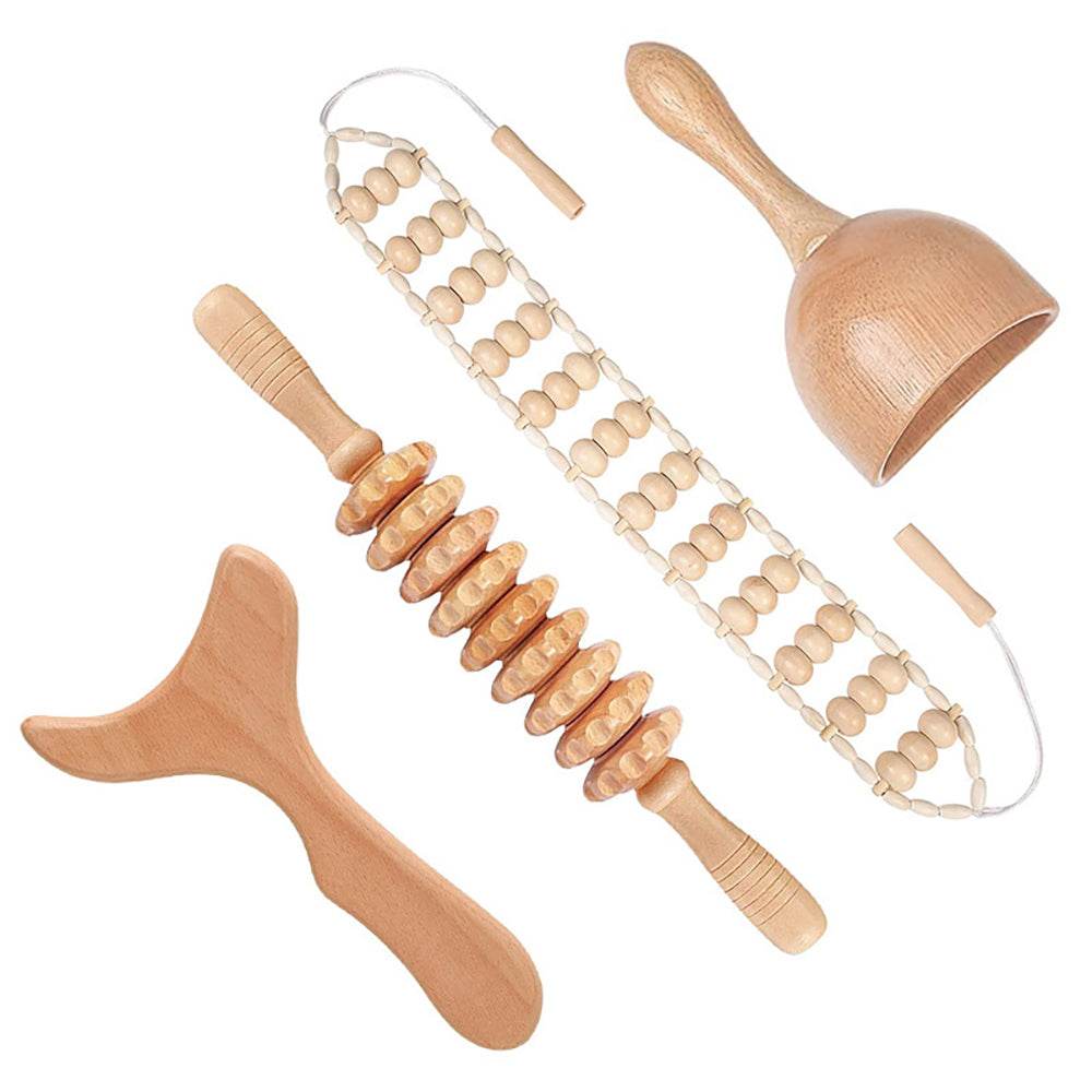 Beech wood therapy scraping cup, meridian dredging roller, tendon rolling stick, scraping board, head massager, massage set - MarvelouStoree