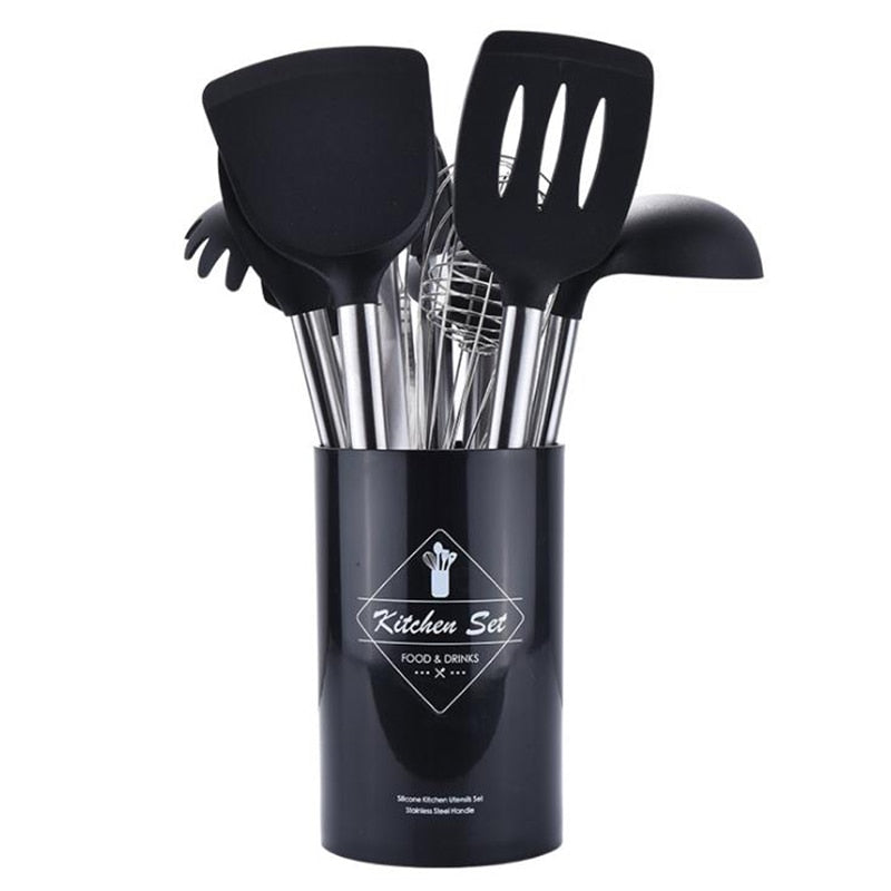 9pcs/set Stainless Steel Silicone Kitchen Utensil Set Tong Spoon Spatula Whisk Strainer Cooking Utensil with Storage Bucket