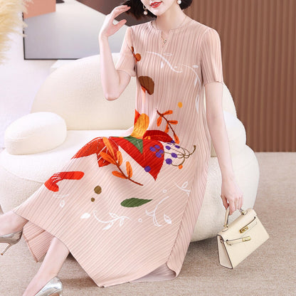 Pleated Dress 40-Year-Old Middle-Aged Women Short-Sleeved Dress Women's Summer New Elegant Mother's Summer Slim-Fit Dress