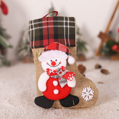 Christmas linen checkered gift bag 3D elderly snowman reindeer figurine Christmas boots pendant