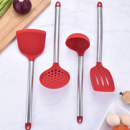 9pcs/set Stainless Steel Silicone Kitchen Utensil Set Tong Spoon Spatula Whisk Strainer Cooking Utensil with Storage Bucket