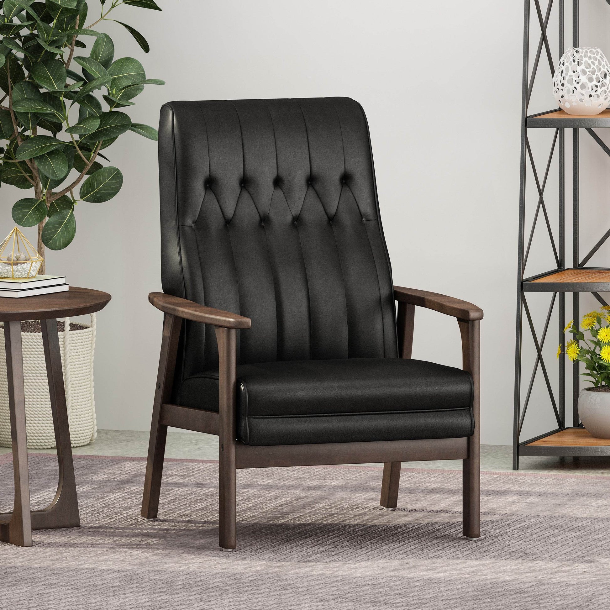 Mid Century Modern Upholstered Accent Chair, Matte Black Faux Leather - MarvelouStoree