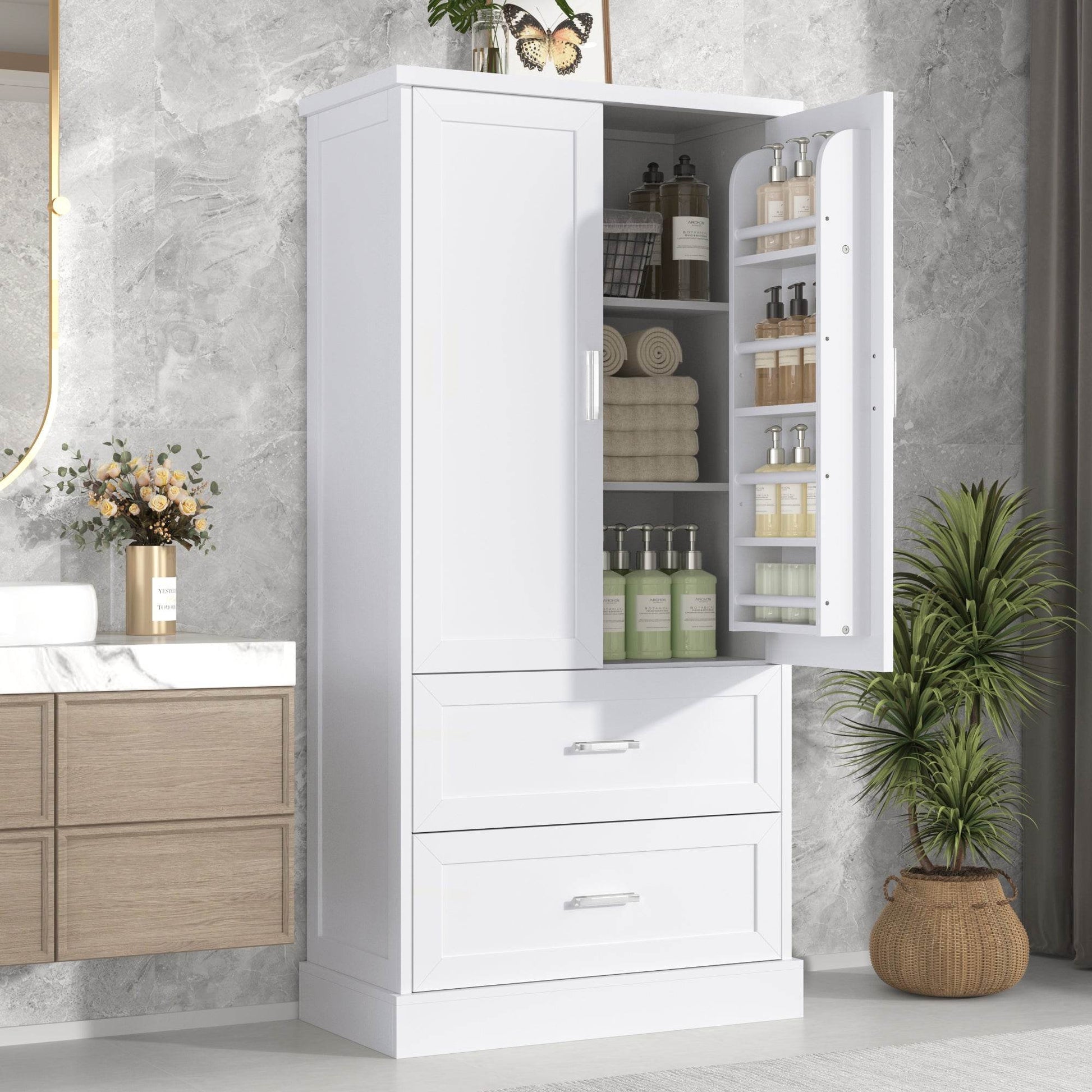 Tall Bathroom Storage Cabinet, Cabinet with Two Doors and Drawers, Adjustable Shelf, MDF Board, White - MarvelouStoree