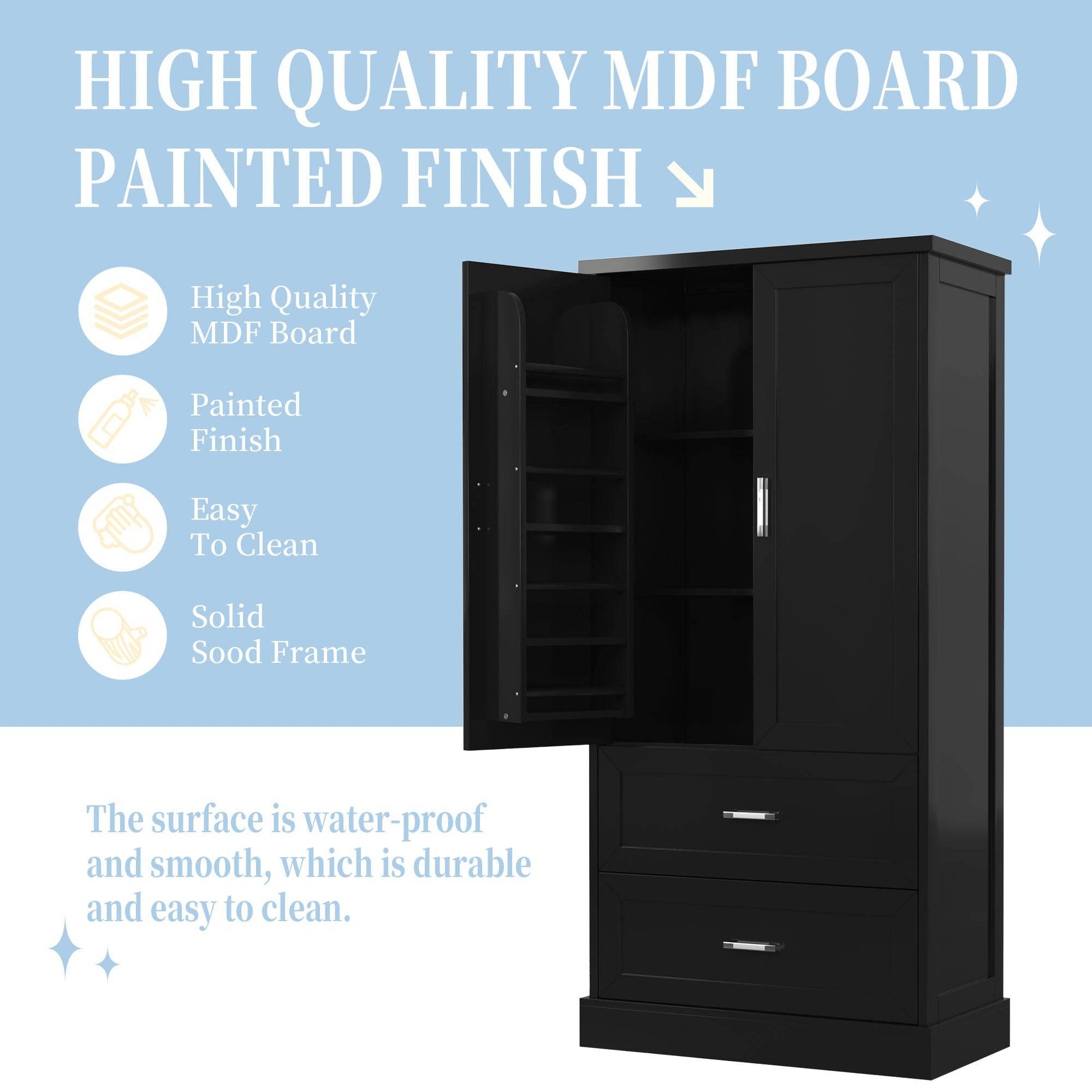 Tall Bathroom Storage Cabinet, Cabinet with Two Doors and Drawers, Adjustable Shelf, MDF Board, Black - MarvelouStoree