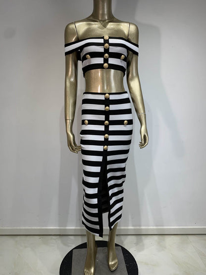 New Black and White Zebra Pattern Bandage Skirt Set European and American Fashion Off Shoulder Short Top Long Skirt Two Piece Set - MarvelouStoree