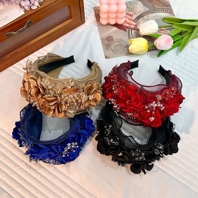 Fabric Flower Heavy Industry Wide Edge Crystal Headband Headband