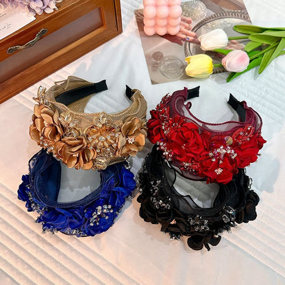 Fabric Flower Heavy Industry Wide Edge Crystal Headband Headband