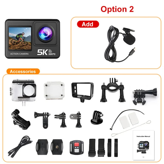 5K Action Camera 4K60FPS 2.0 Inch Touch Screen Wi-Fi 170° Wide Angle 30M Waterproof Helmet Video Recording Sports Cameras