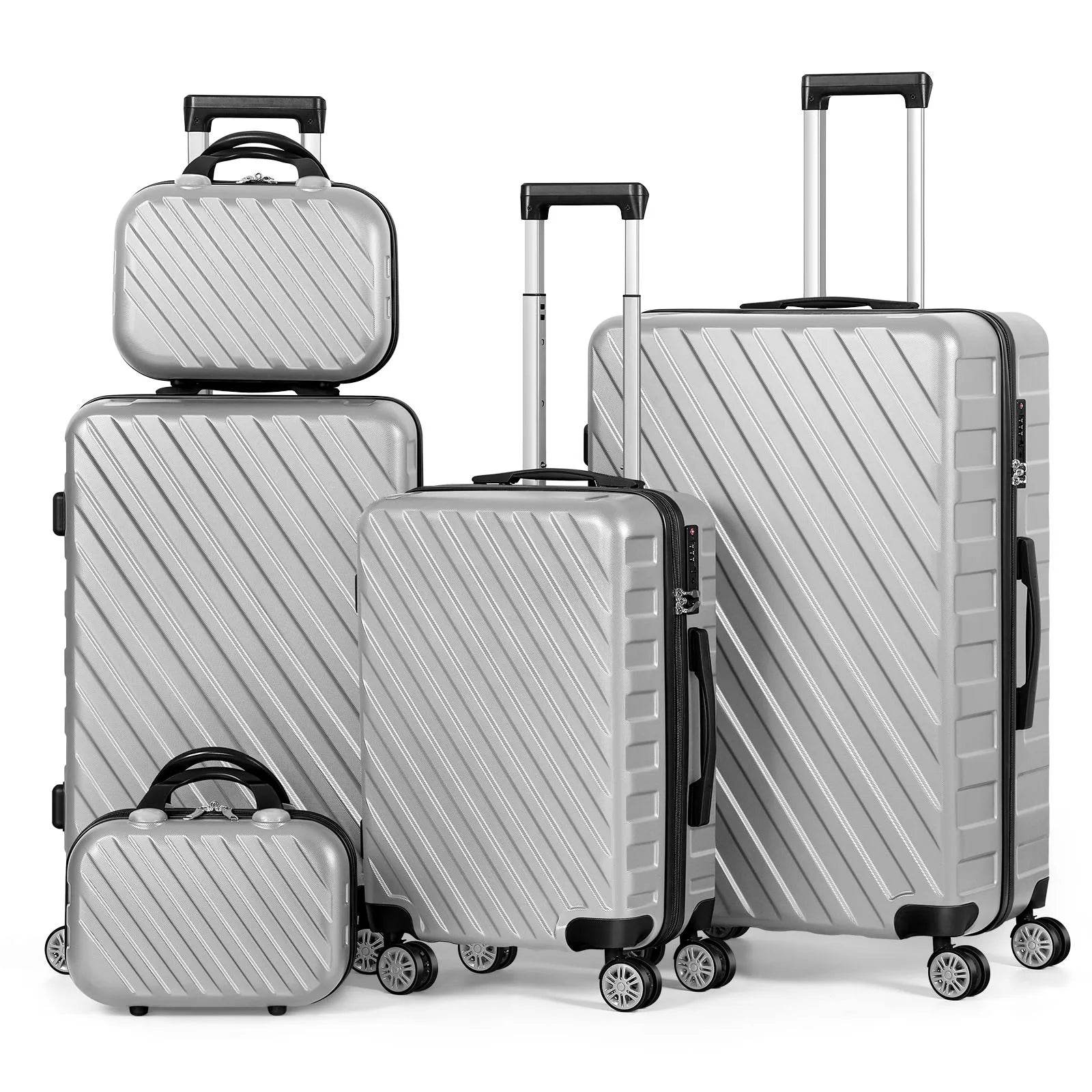 5PCS Luggage Set Silver Suitcase Set with Silent Spinner Wheel ABS luggage TSA Lock Family Travel Suitcase - MarvelouStoree