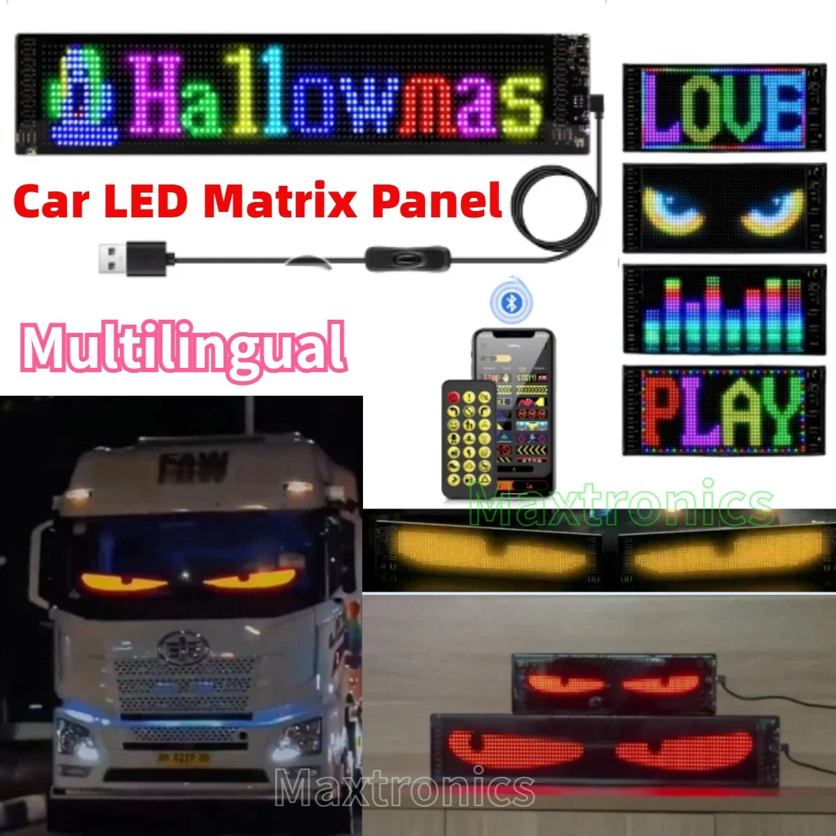 Marveloustoree 5V Car Truck Devil's Eye Signs Light Multilingual Car LED Matrix Panel Scrolling Advertising USB Bluetooth App Control Screen