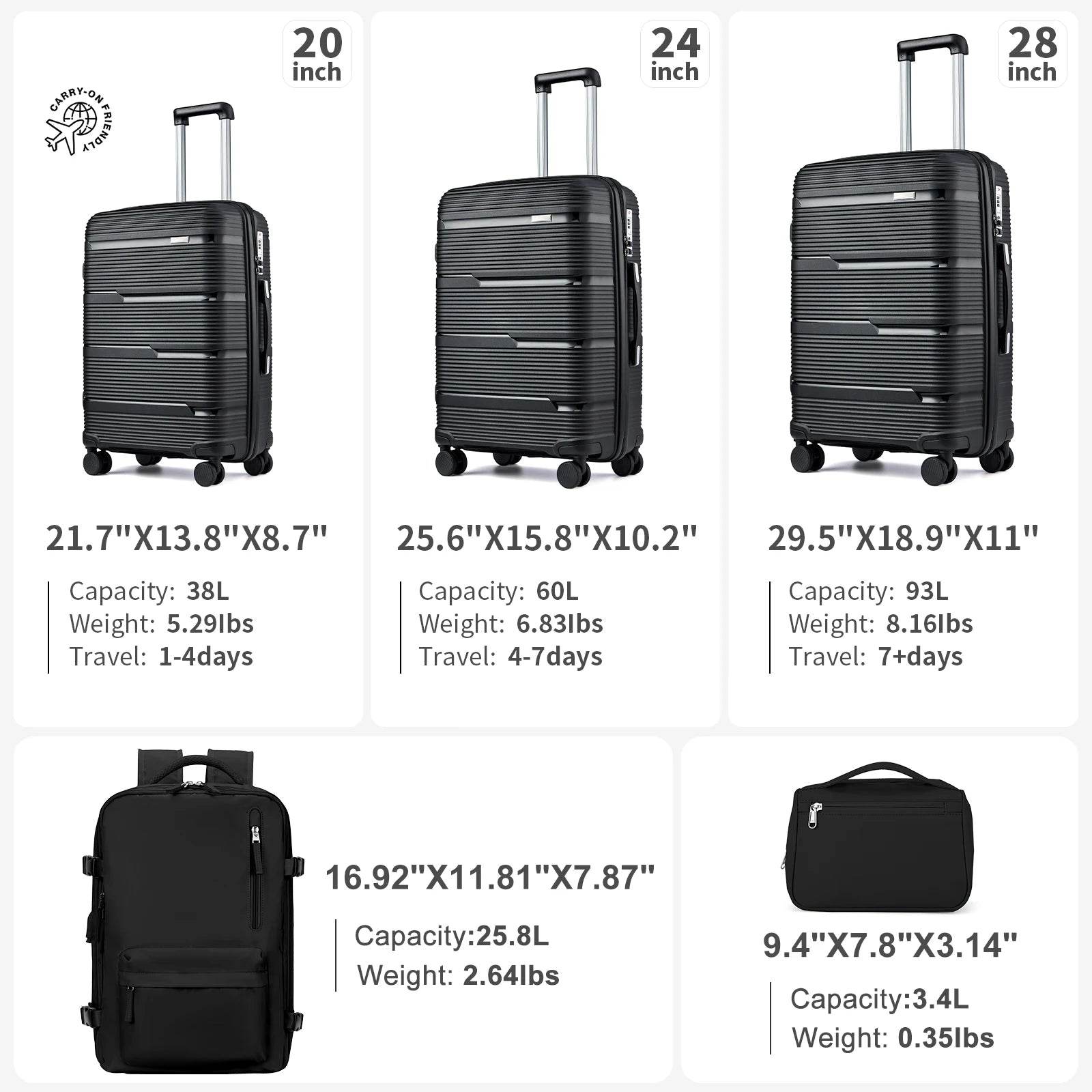 5pcs Suitcase Set Lightweight Case Set, Durable Trolley, Hand Luggage Suitcase with Wheels, TSA-Lock Boarding Travel Suitcase - MarvelouStoree