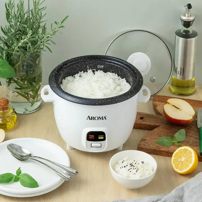 6-Cup Rice & Grain Cooker Bonded Granite® Pot One-Touch Design Keep-Warm Mode Accessories Included Easy to Clean Premium Glass