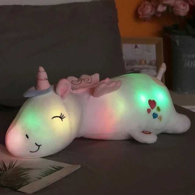 Marveloustoree 60-125cm Giant Cute Glowing LED Light Unicorn pillow Plush Toys Lovely Luminous Animal Pillow Stuffed Dolls for Children Kids Gifts