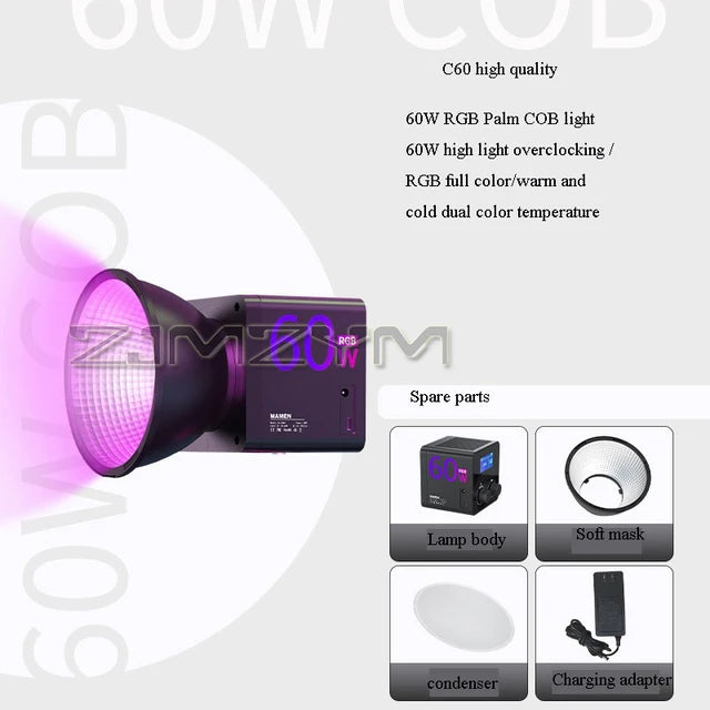 60W Photography Fill Light Portable COB RGB Video Light 2500-6500K 6700mAh For Outdoor Studio Video Recording Shooting