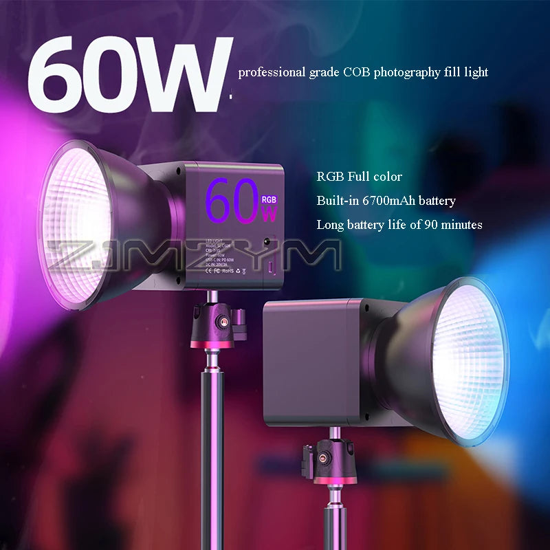 60W Photography Fill Light Portable COB RGB Video Light 2500-6500K 6700mAh For Outdoor Studio Video Recording Shooting