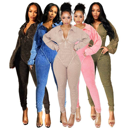 Fashionable women's washed and aged sexy deep V-tight long sleeved autumn and winter jumpsuit - MarvelouStoree