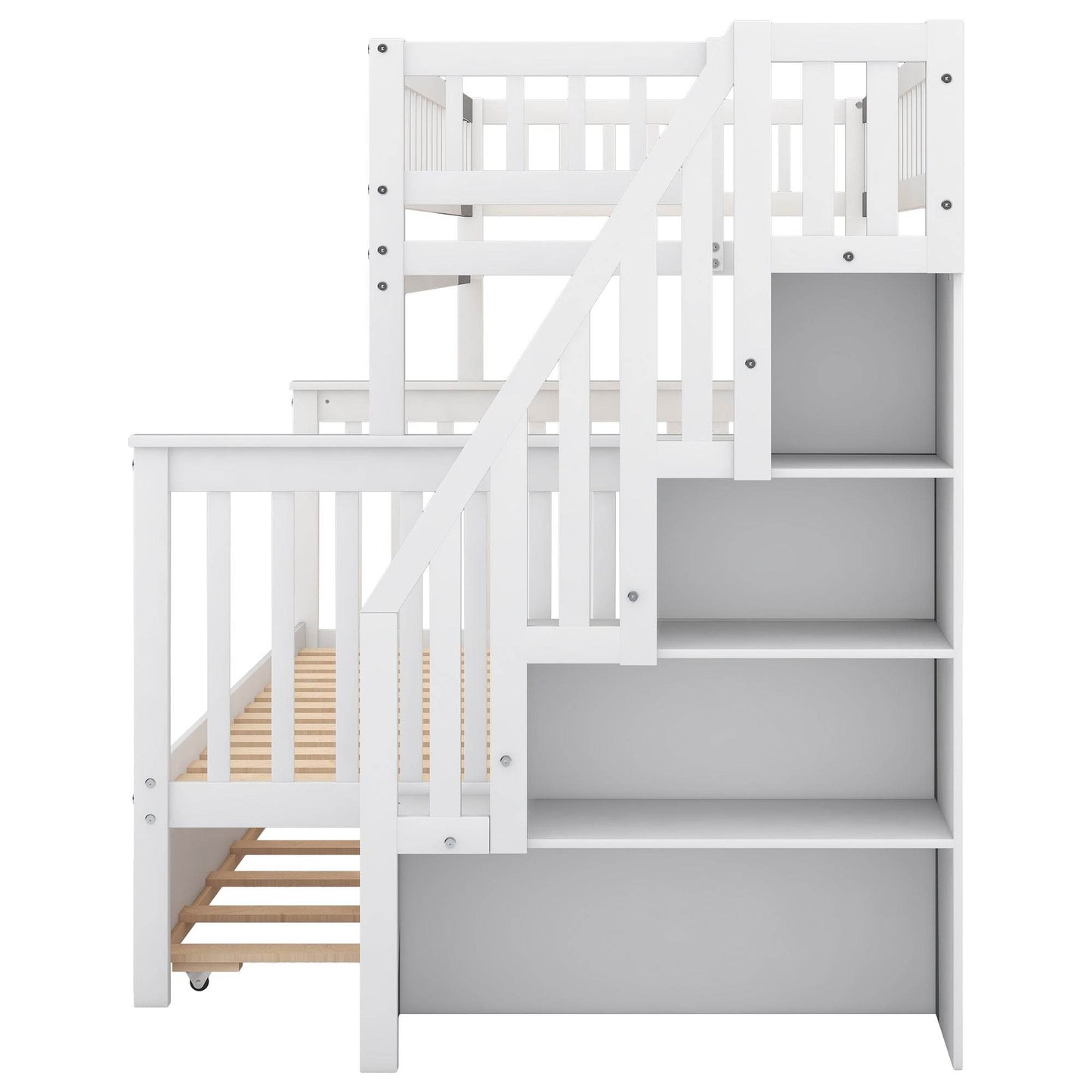 Twin over Full Bunk Bed with Trundle and Staircase White - MarvelouStoree