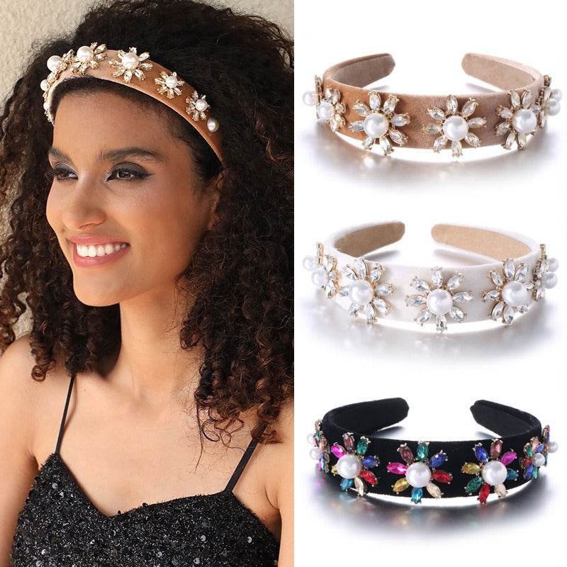 Baroque Large Pearl Flower Set with Colorful Diamonds Fashion Hair Hoop - MarvelouStoree