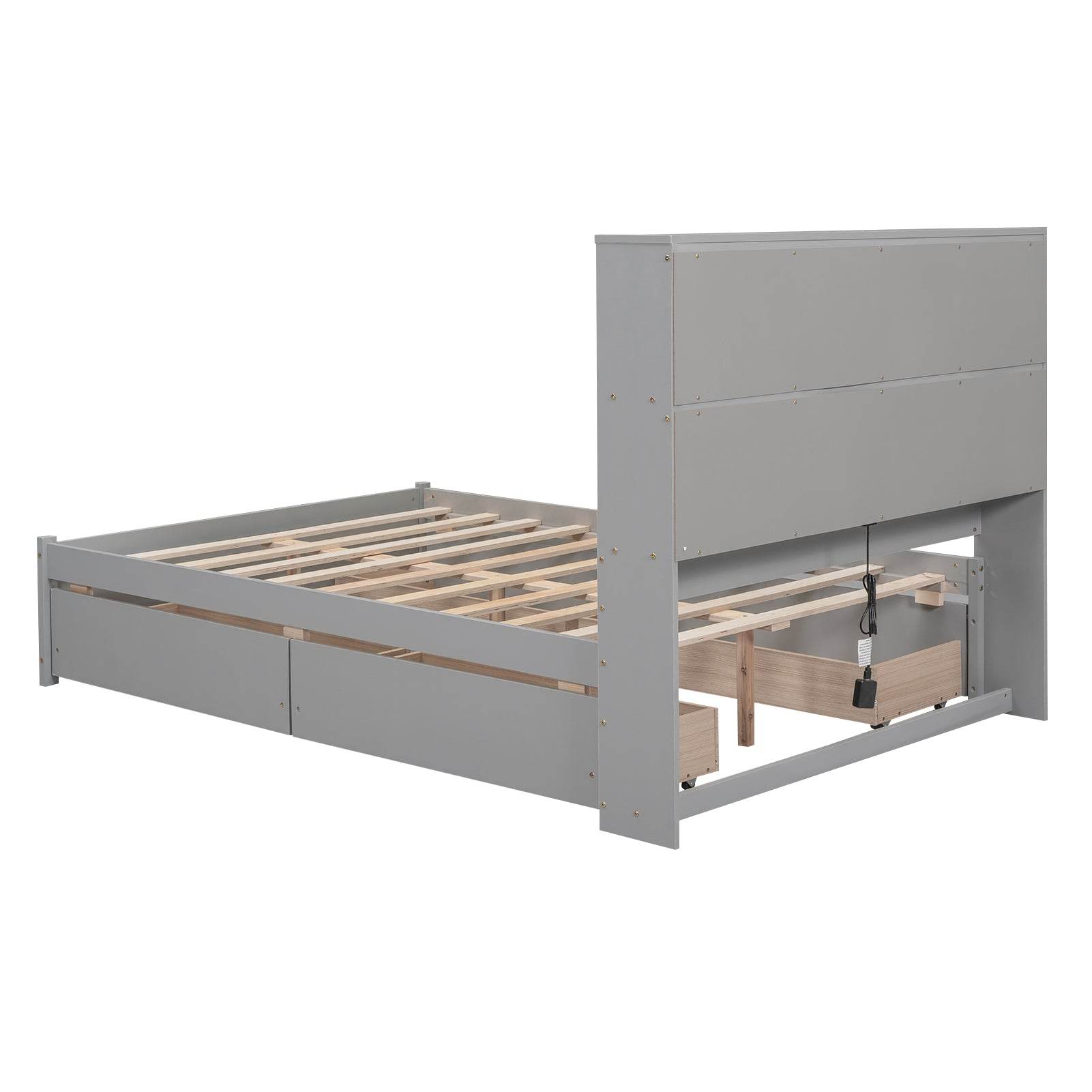 Full Size Platform Bed with Storage Headboard, Charging Station and 4 Drawers, Gray - MarvelouStoree