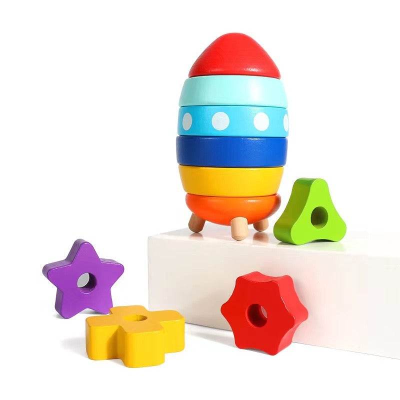 Stacked Rocket Wooden Children's Shape Matching Cognitive Geometry Toy Rainbow Tower Circle Stacked Music Collar Ring - MarvelouStoree