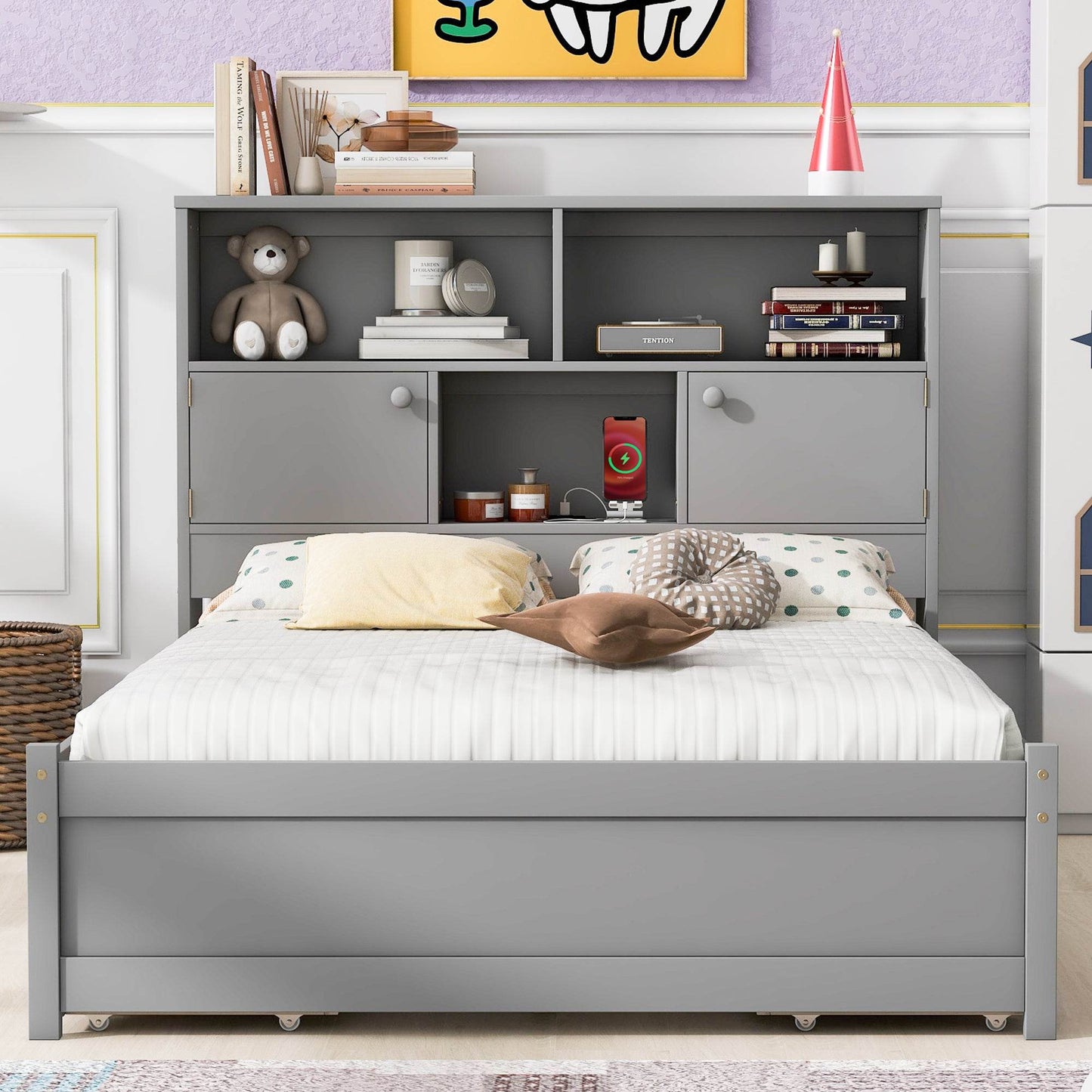 Full Size Platform Bed with Storage Headboard, Charging Station and 4 Drawers, Gray - MarvelouStoree